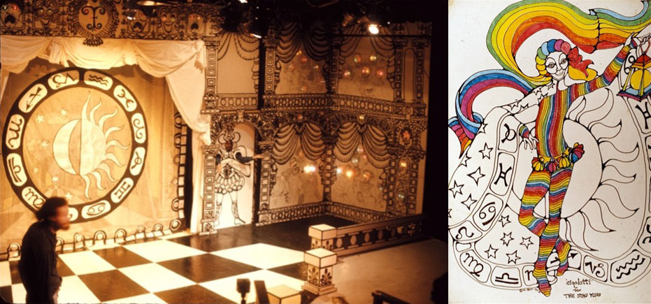 Image on the left: The image depicts an intricately designed theatrical set featuring a bold black-and-white checkerboard floor and ornate wall decorations. Central to the backdrop is a large circular motif with a sun and moon surrounded by detailed zodiac symbols. Decorative elements, including elaborate illustrations, draped curtains, and intricate patterns, adorn the walls, creating an artistic and fantastical atmosphere. Warm, focused lighting accentuates the dramatic details of the set. A blurred figure stands at the edge of the stage, providing a sense of scale and perspective. Image on the right: This image shows a vibrant, whimsical illustration of a performer dressed in a colorful costume featuring rainbow stripes from head to toe. The figure poses elegantly, with flowing multicolored hair and accessories, against a backdrop of stylized sun and zodiac symbols. The artistic drawing combines playful creativity with intricate linework, giving the overall composition a lively and theatrical character. The illustration includes handwritten text at the bottom, indicating a costume design sketch.