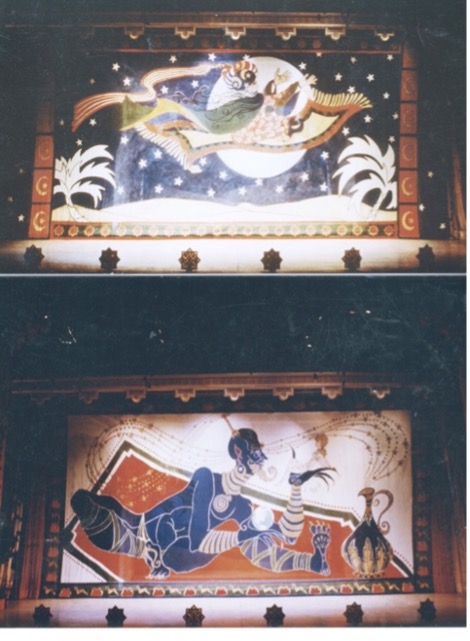 This image displays two painted theatrical backdrops, both artistically vibrant and stylized. The upper backdrop illustrates a magical scene of figures flying on a colorful carpet against a night sky filled with stars, a large moon, and stylized foliage. The lower backdrop presents an exotic, mystical character reclining in an elaborate, decorative costume, surrounded by intricate patterns and symbolic objects. Both paintings are richly detailed, contributing to a visually captivating stage environment.